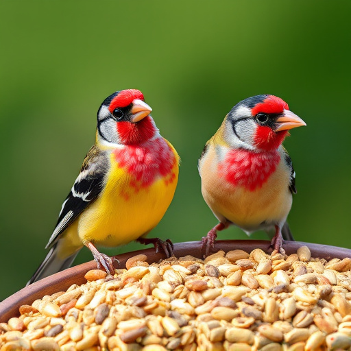 Colourful finches perched near seed mix