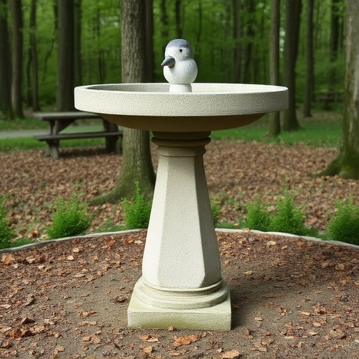 Concrete bird bath in natural woodland setting