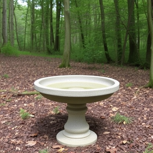 Concrete bird bath in natural woodland setting