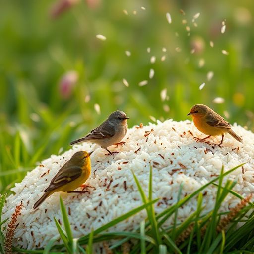 Cooked rice scattered for garden birds