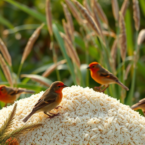 Cooked rice scattered for garden birds