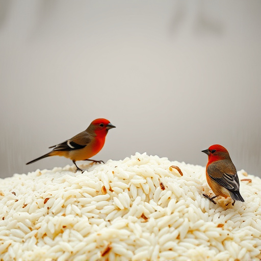 Cooked rice scattered for garden birds