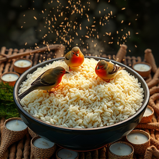 Cooked rice scattered for garden birds