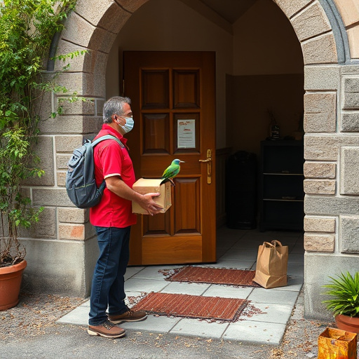 Courier placing bird food at entrance