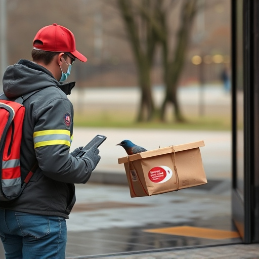 Courier placing bird food at entrance