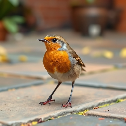 Curious robin hopping on patio stones