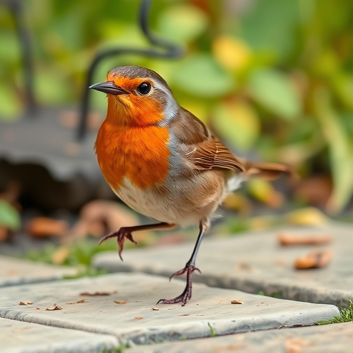 Curious robin hopping on patio stones