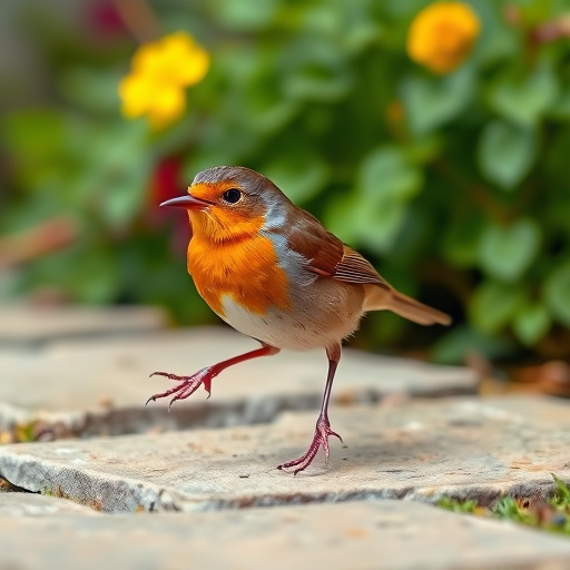 Curious robin hopping on patio stones