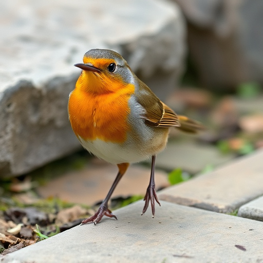 Curious robin hopping on patio stones