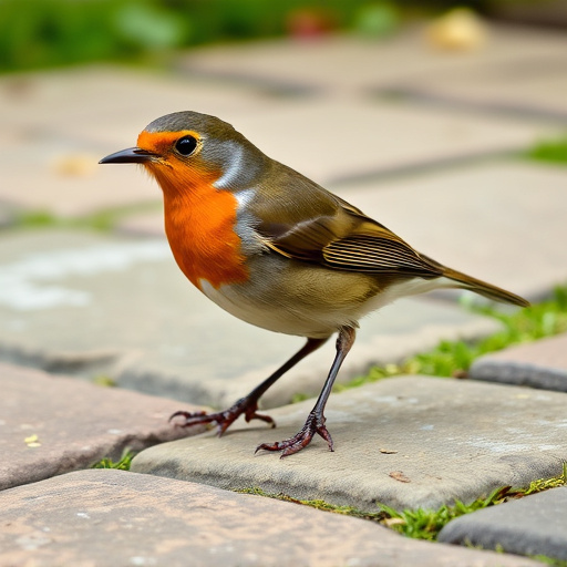 Curious robin hopping on patio stones