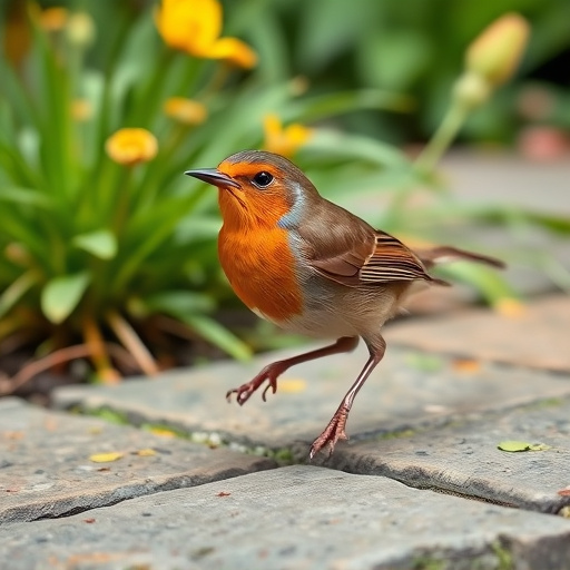 Curious robin hopping on patio stones