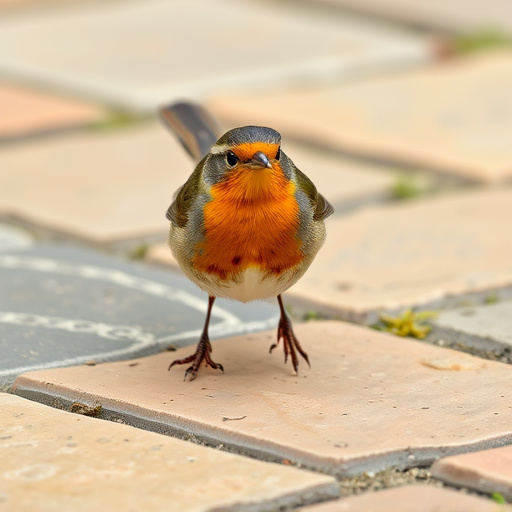 Curious robin hopping on patio stones