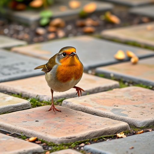 Curious robin hopping on patio stones