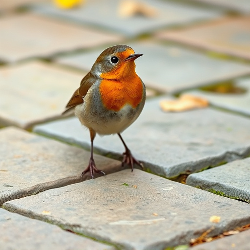 Curious robin hopping on patio stones