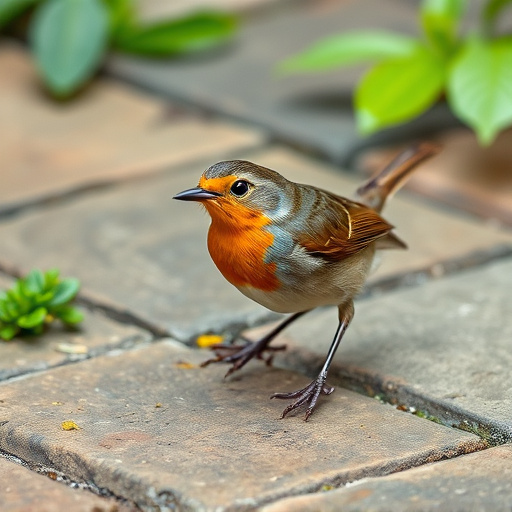 Curious robin hopping on patio stones