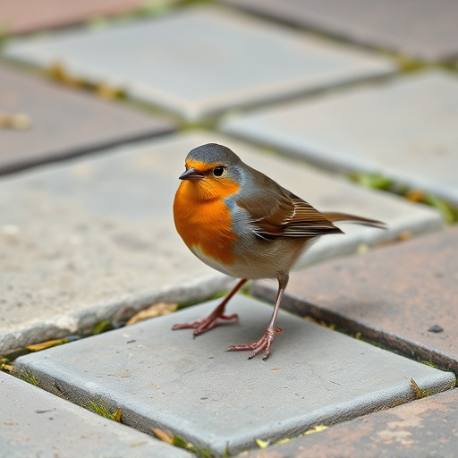 Curious robin hopping on patio stones