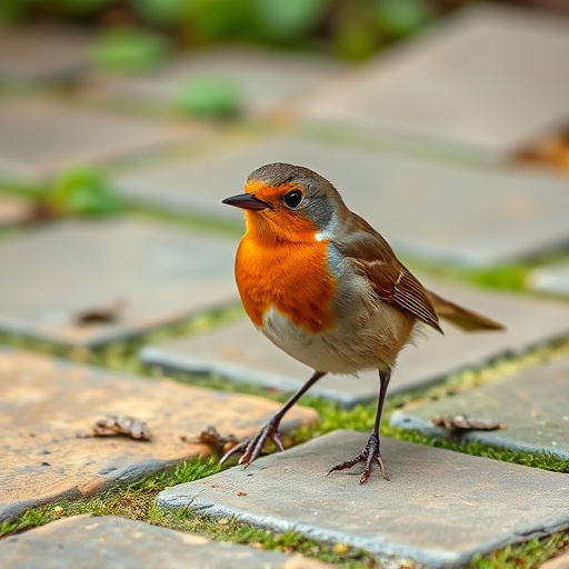 Curious robin hopping on patio stones