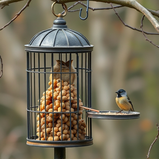 Cylindrical suet cage beside bird table