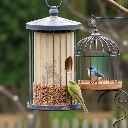Cylindrical suet cage beside bird table