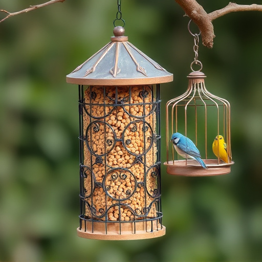 Cylindrical suet cage beside bird table
