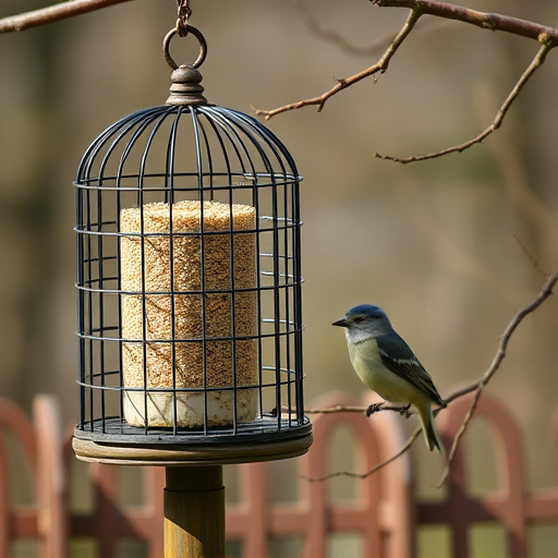 Cylindrical suet cage beside bird table