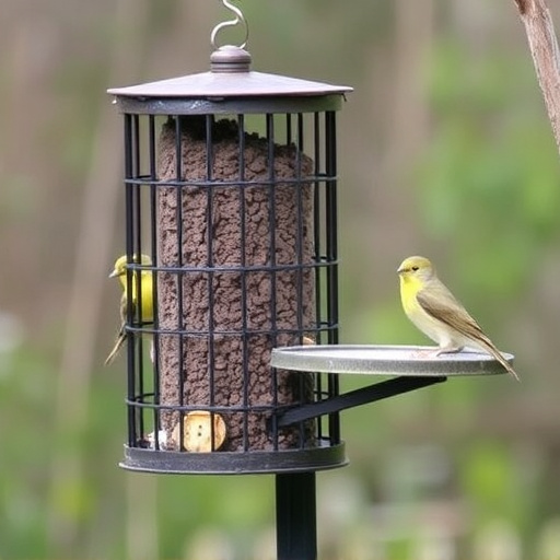 Cylindrical suet cage beside bird table