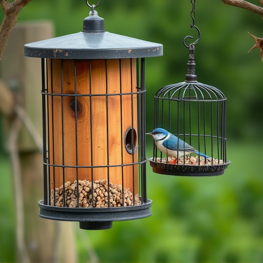 Cylindrical suet cage beside bird table
