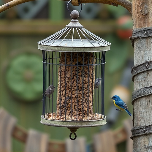 Cylindrical suet cage beside bird table