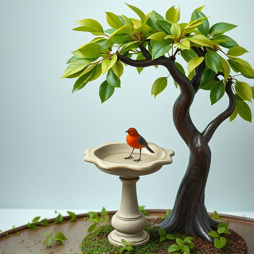 Decorative bird bath under leafy tree