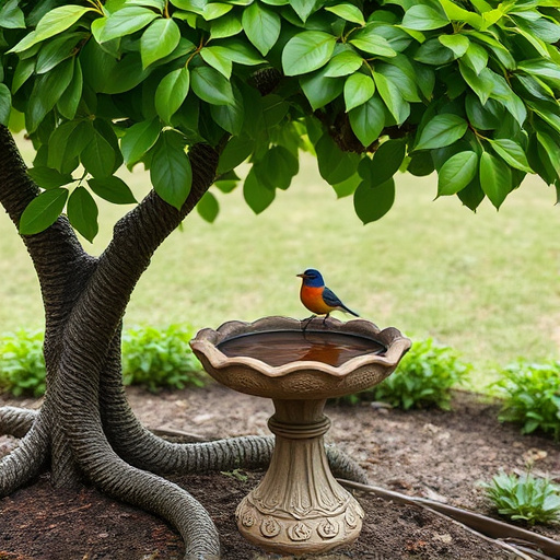 Decorative bird bath under leafy tree