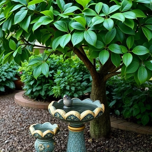 Decorative bird bath under leafy tree