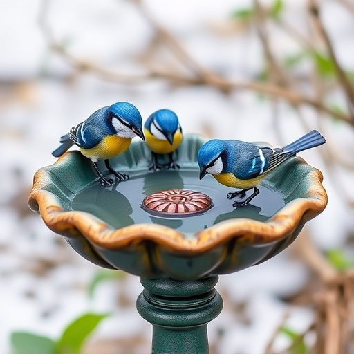 Decorative bird bath with blue tits bathing