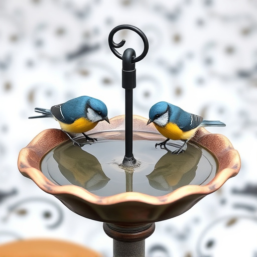 Decorative bird bath with blue tits bathing