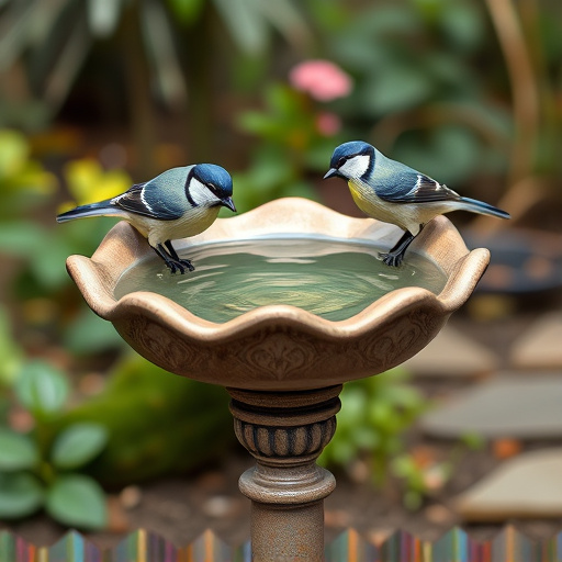Decorative bird bath with blue tits bathing