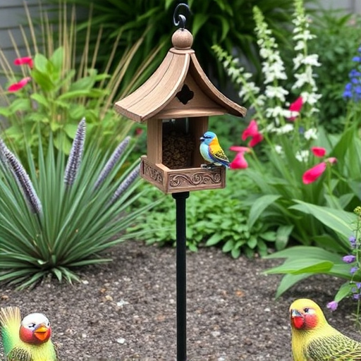 Decorative bird feeder standing in garden