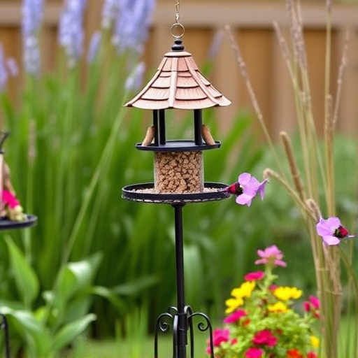 Decorative bird feeder standing in garden