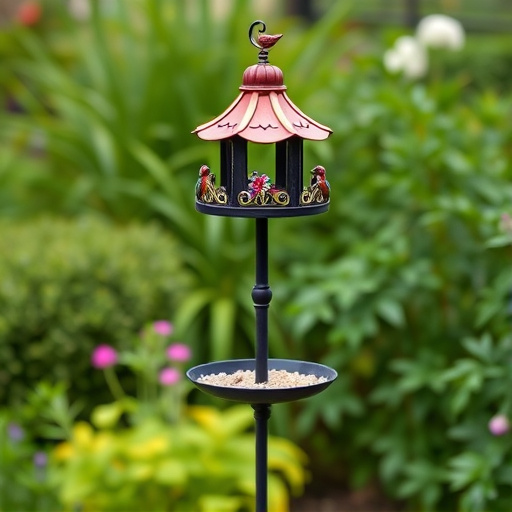 Decorative bird feeder standing in garden
