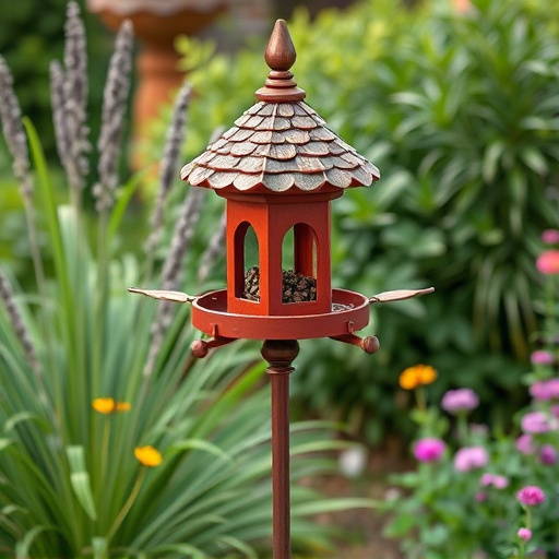 Decorative bird feeder standing in garden