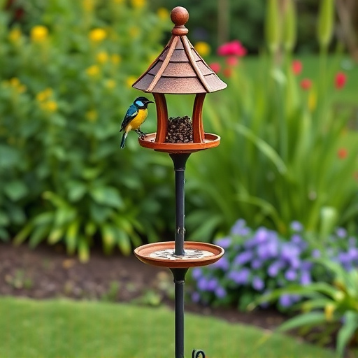 Decorative bird feeder standing in garden