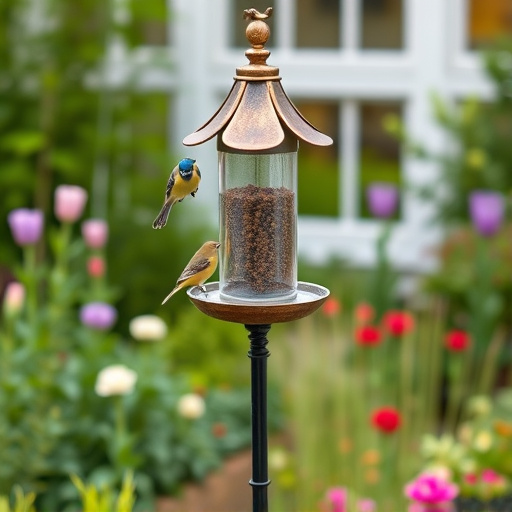 Decorative bird feeder standing in garden