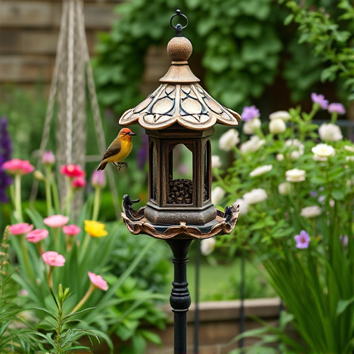 Decorative bird feeder standing in garden