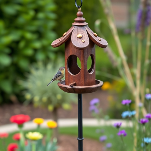 Decorative bird feeder standing in garden