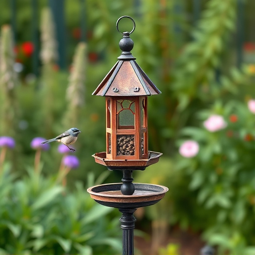 Decorative bird feeder standing in garden