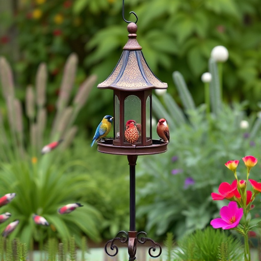 Decorative bird feeder standing in garden