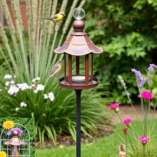 Decorative bird feeder standing in garden