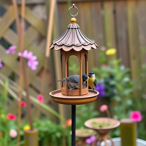 Decorative bird feeder standing in garden