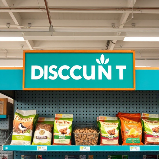 Discount sign above bird food shelf