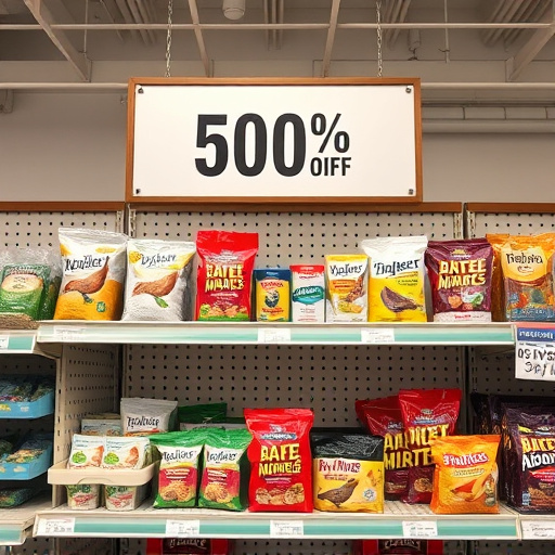 Discount sign above bird food shelf