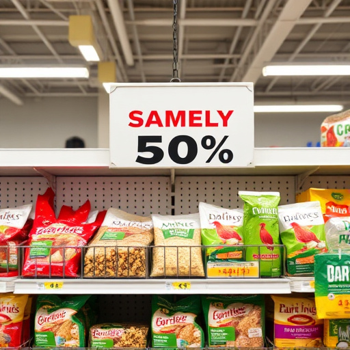 Discount sign above bird food shelf