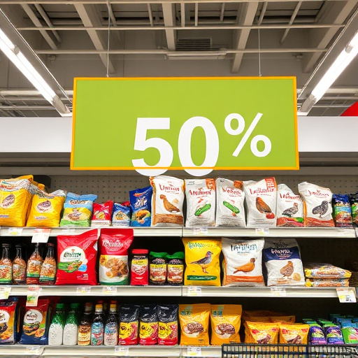 Discount sign above bird food shelf